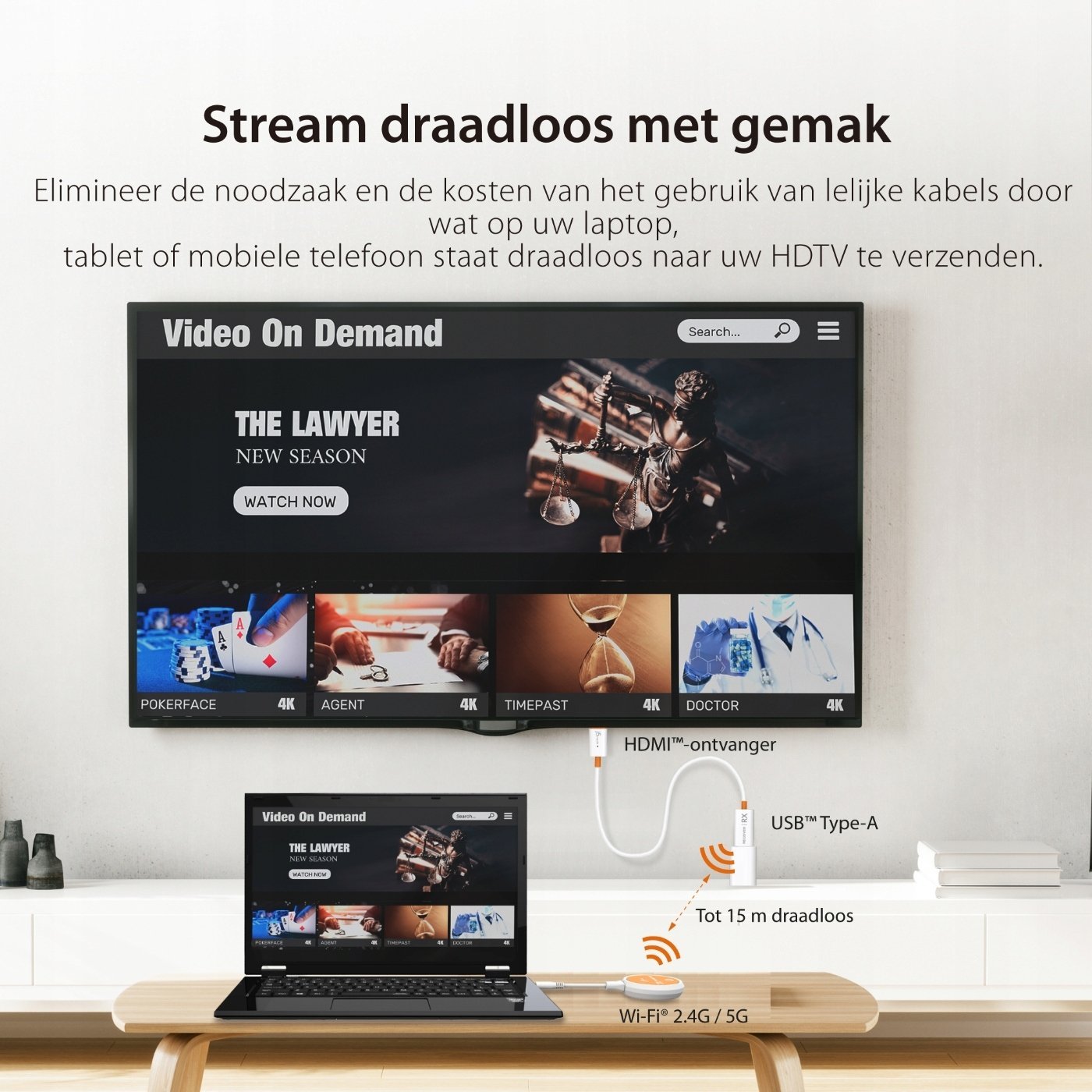 Adapter wireless për ekran J5create JVAW62 ScreenCast, USB C, HDMI Extender, i bardhë portokalli