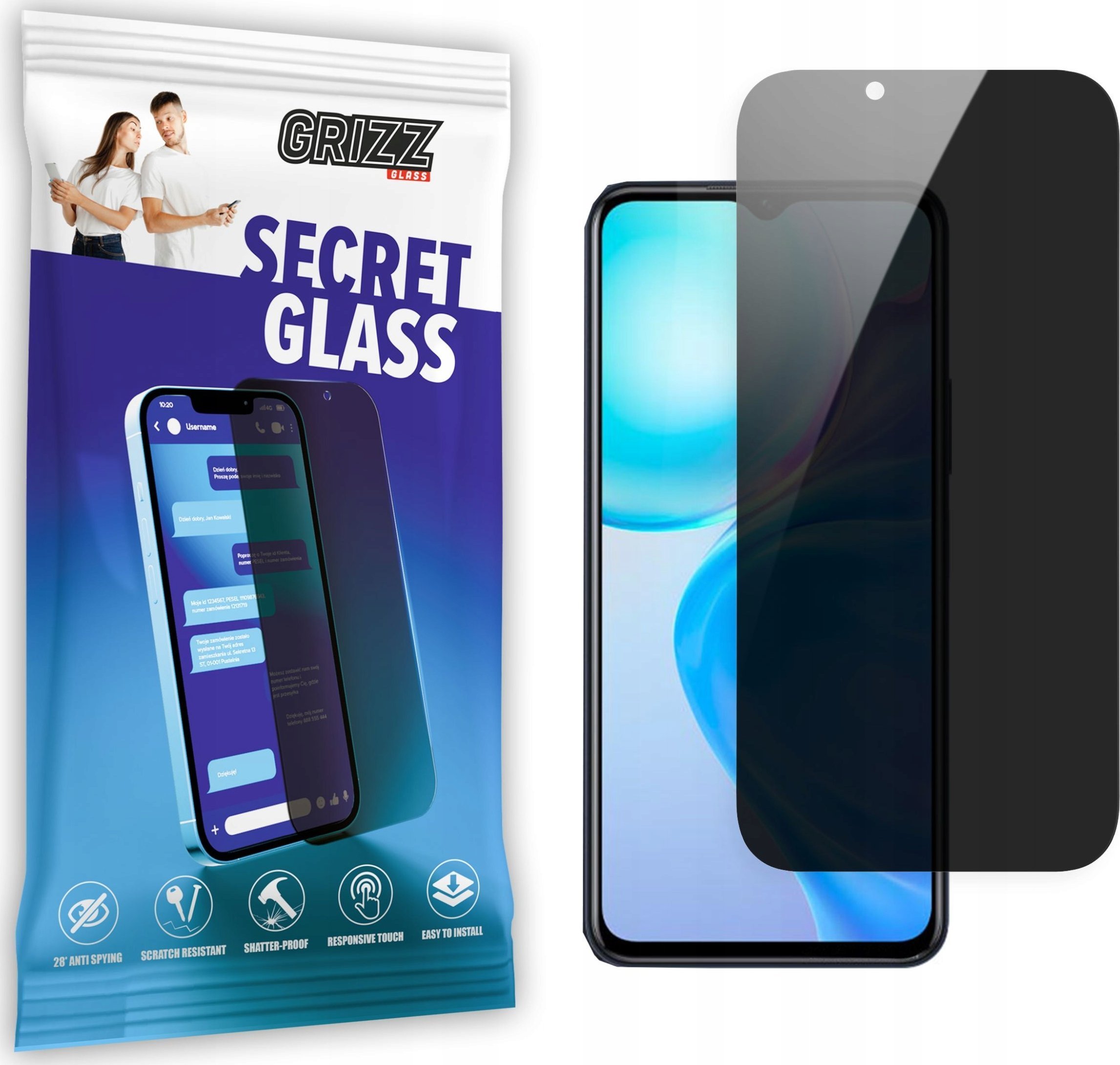 Mbrojtës ekrani Grizz SecretGlass për Vivo Y77e T1, xham i temperuar, privatësi, transparent