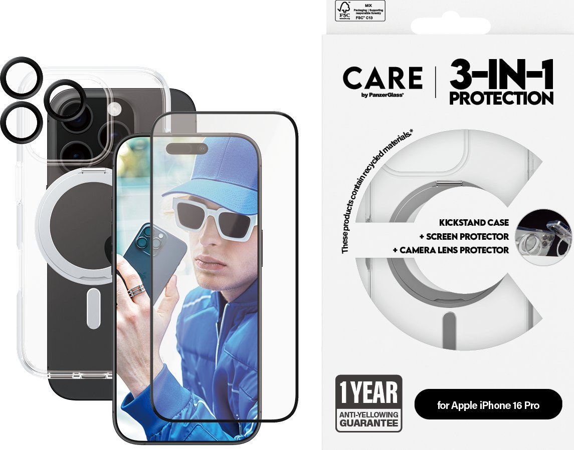 Set mbrojtës CARE by PanzerGlass për iPhone 16 Pro, Ceramic Glass, këllëf me kickstand, mbrojtës kamere, transparent