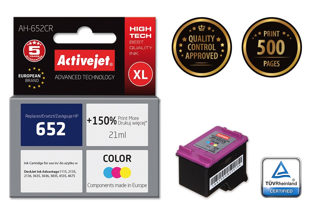 Ngjyrë për printer Activejet AH-652CR (zëvendësim për HP 652 F6V24AE), 21 ml, e kaltër / vjollcë /  e verdhë