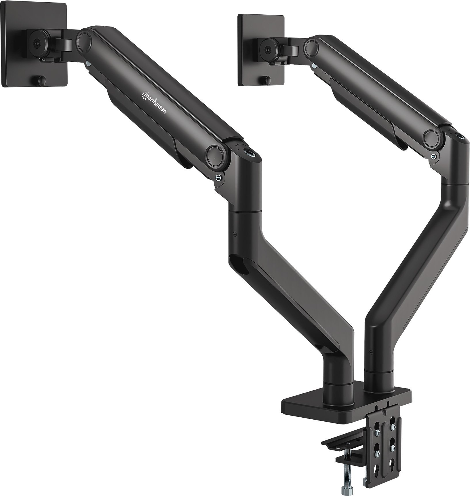 Mbajtëse tavoline dyfishe Manhattan, për monitor dhe TV 13" 45", montim me kapëse ose gromet, e zezë