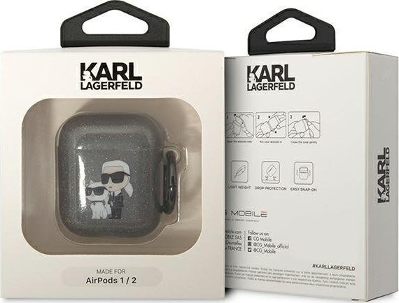 Mbulesë Karl Lagerfeld KLA2HNKCTGK, për AirPods 1/2, Glitter Karl & Choupette, e zezë me shkëlqim