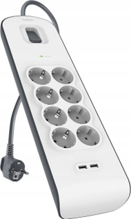 Продолжен приклучок Belkin Power Strip Surge Protection, 8 излези, USB, 2 m, бела