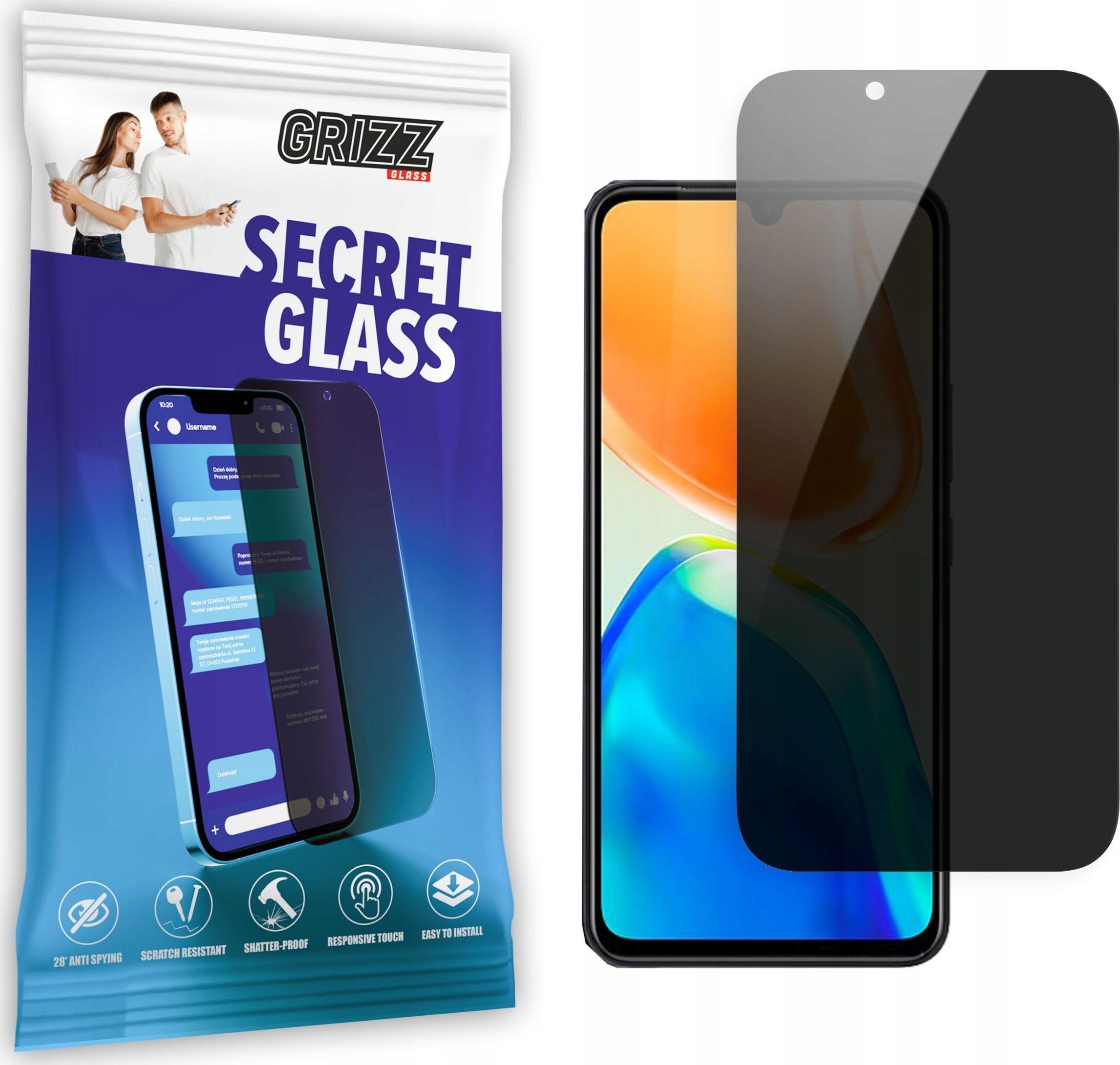 Xham mbrojtës privatësie Grizz SecretGlass për Vivo V25e, 9H, i pastër