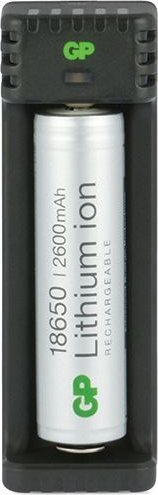Karikues baterie GP L111, 1 slot USB, për bateri 18650, me bateri 2600mAh, i zi
