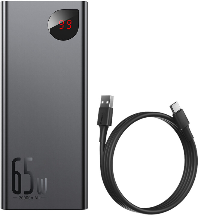 Powerbank me ekran dixhital Baseus Adaman Metal QC + PD, 20000mAh, 65W, i zi + kabllo USB-A/USB-C, 30cm, e zezë