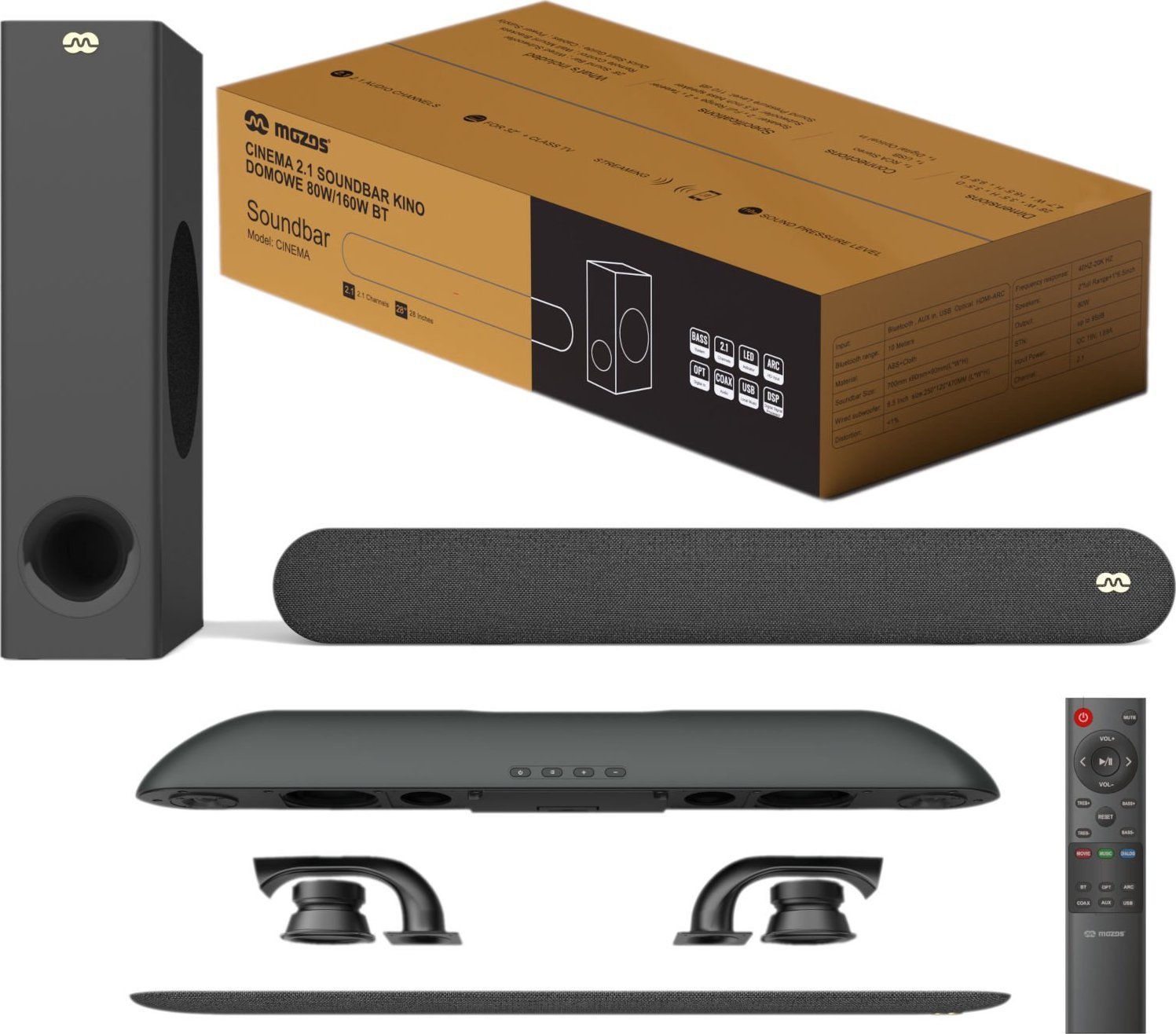 Soundbar Mozos Cinema 2.1, Bluetooth, HDMI ARC, i zi