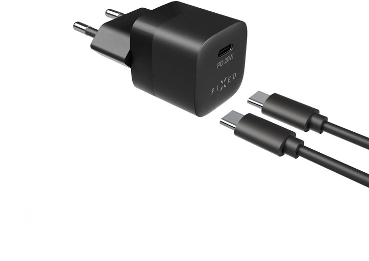 Полнач FIXED Mini со USB-C, PD, 20W, + USB-C - USB-C кабел, 1м, црн