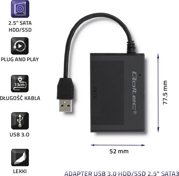 Përshtatës për disk Qoltec USB 3.0 caddy për HDD/SSD 2.5 SATA3, i zi