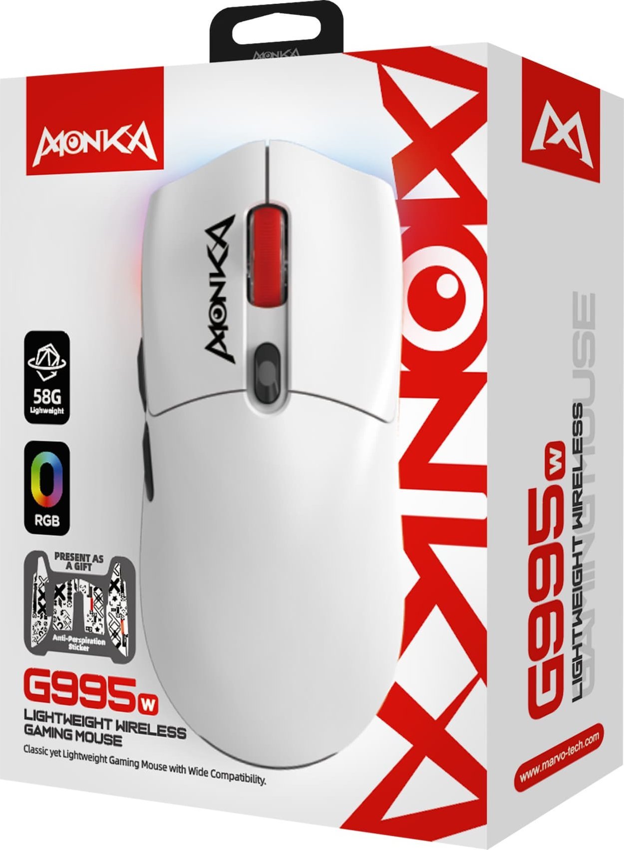 Mouse wireless për gaming Marvo MONKA G995W, 26000 DPI, RGB, i bardhë