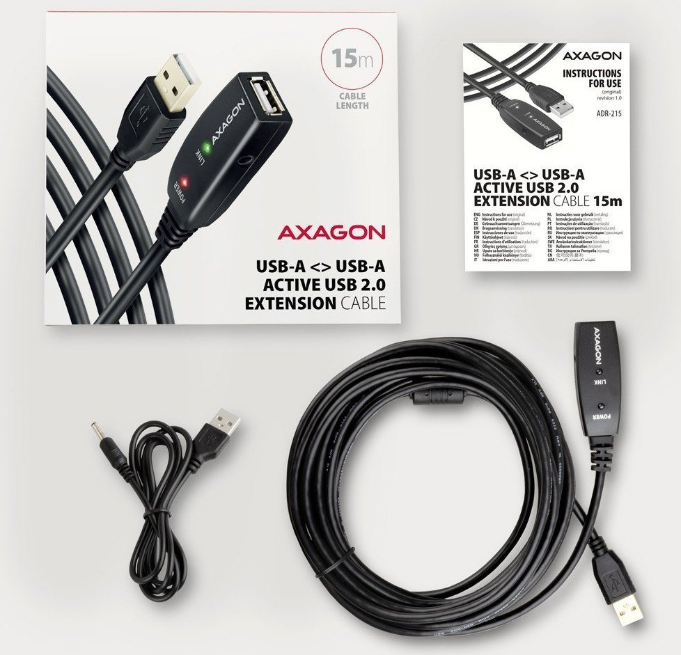 Kabllo zgjatëse USB Axagon ADR-215, USB A në USB A, 15 m, e zezë