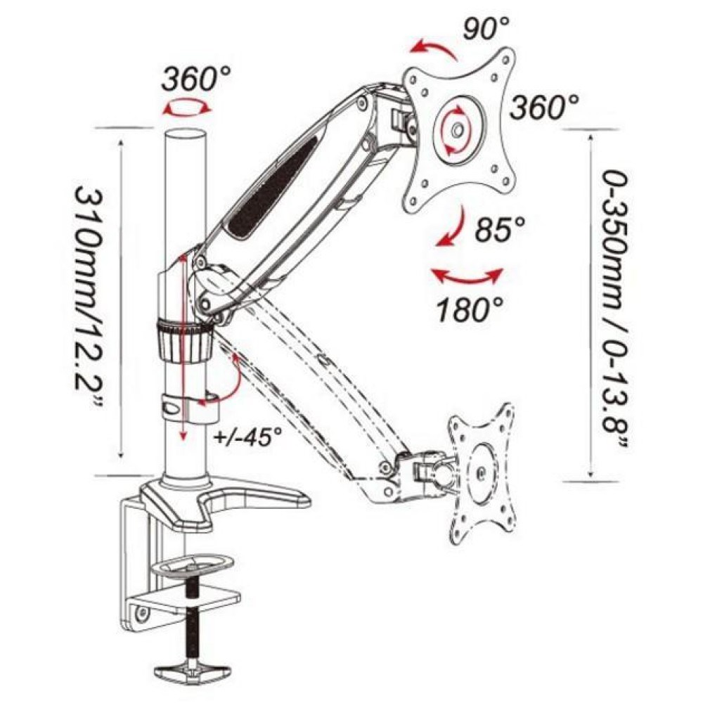 Mbajtëse tavoline për monitor Techly, 15-27", 360mm, e zezë