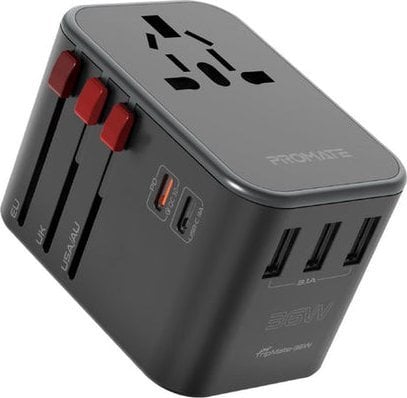 Адаптер за патување ProMate TripMate 36W, 5 USB порти, Power Delivery Quick Charge, црн