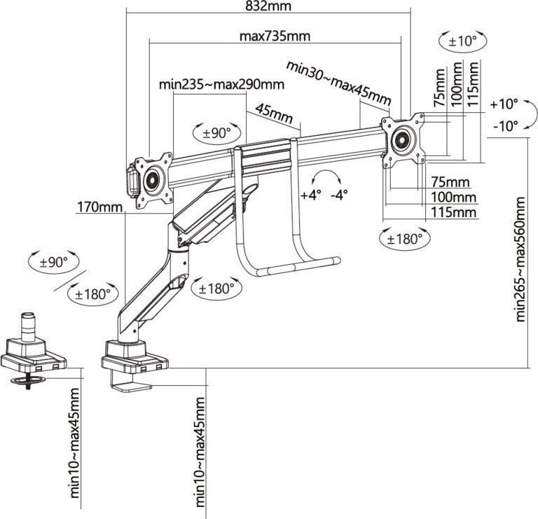Krah tavoline për dy monitorë LevelOne Equip 650161, 17"-32", VESA 75x75 100x100, i zi