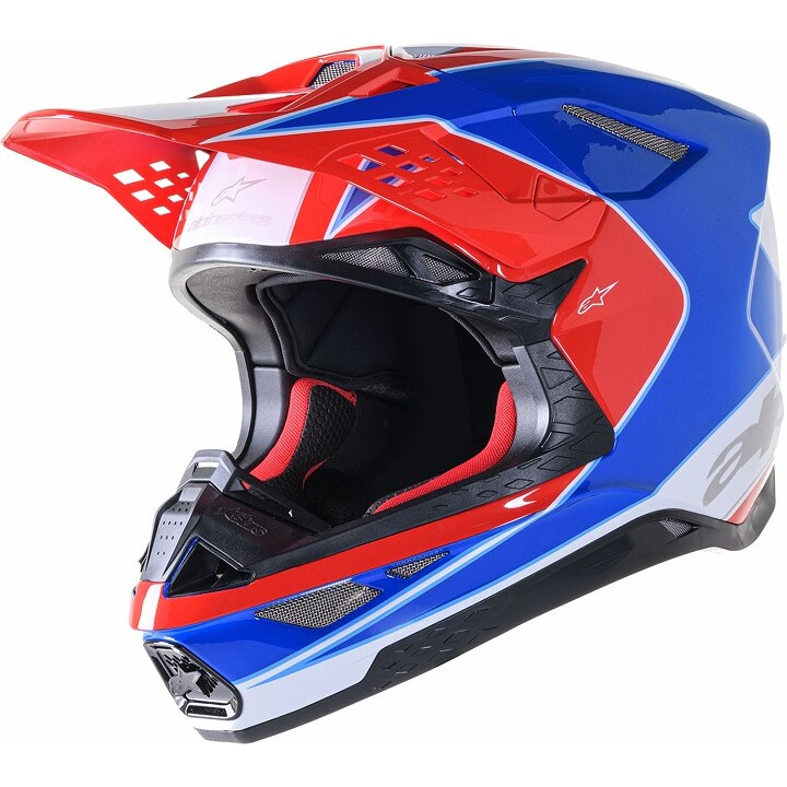 Helmetë motocross Alpinestars Supertech S M10 Aeon 2024, ECE 22.06, për meshkuj, e bardhë kuqe blu, S