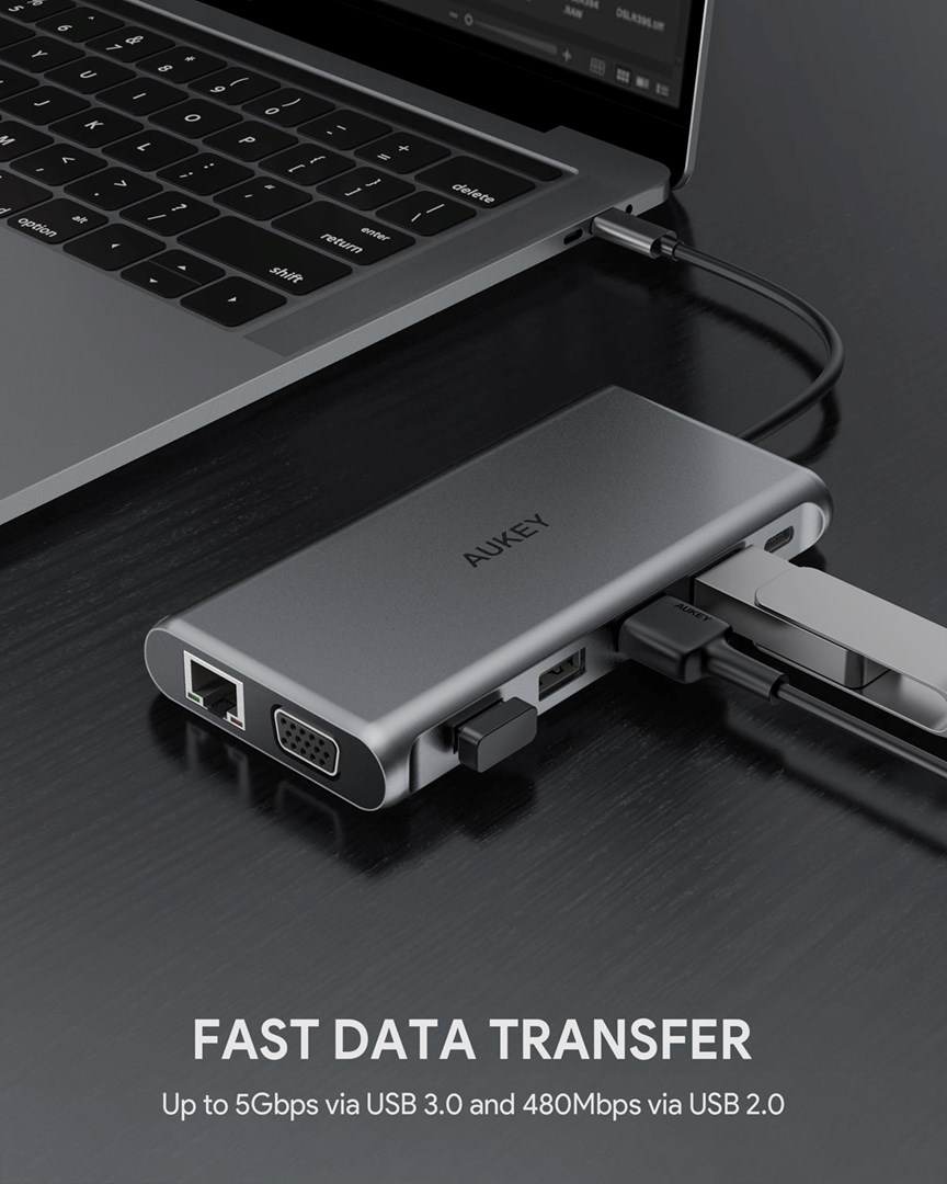 USB Hub Aukey CB-C78, 12-në-1, 5000 Mbit/s, RJ45, USB-C, i argjendtë