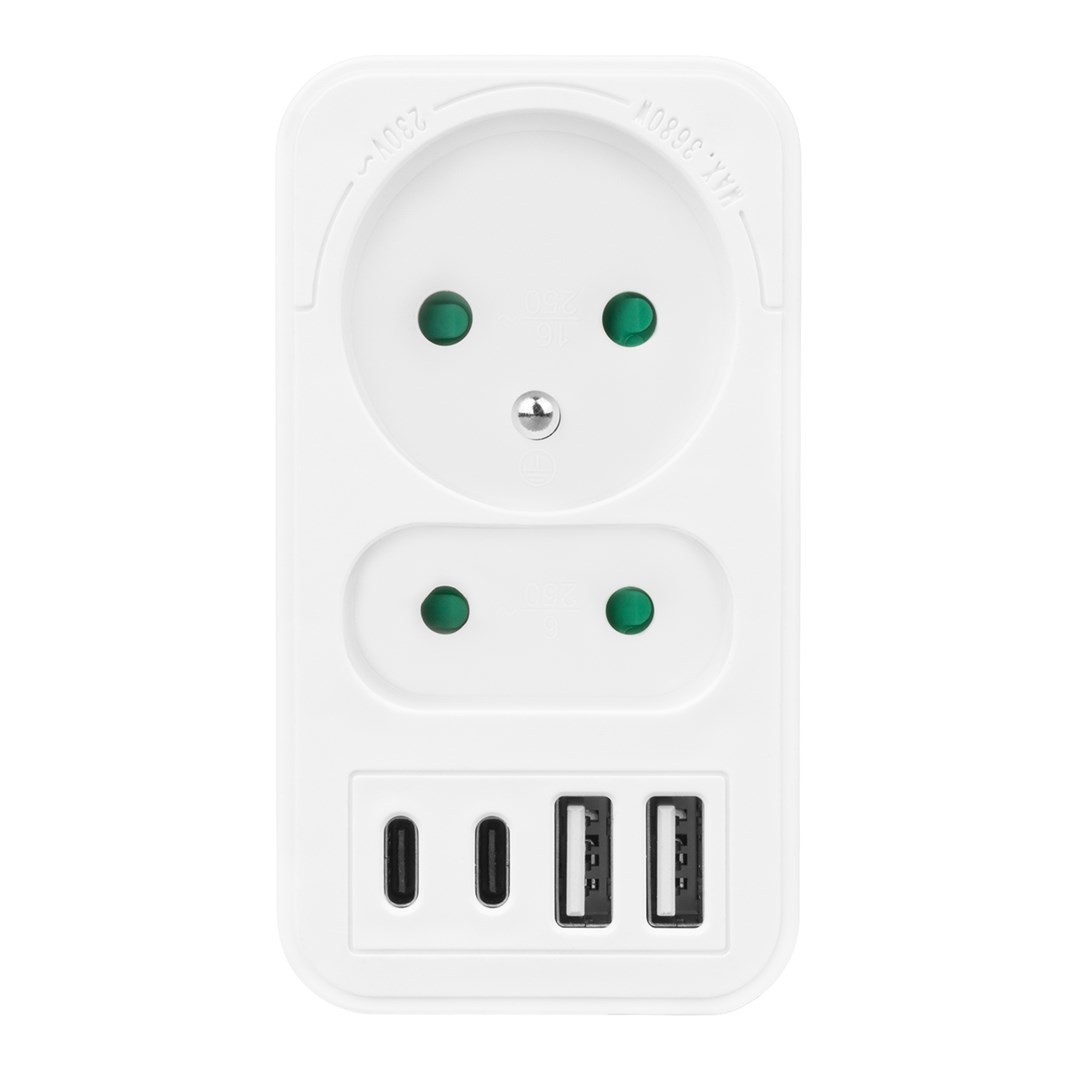 Prizë shumëfishe Maclean MCE249 F/W, 2x220V, 2xUSB A 2xUSB C PD 20W, e bardhë