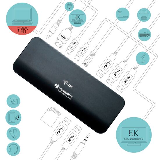 i-tec 2x Thunderbolt 3 5K Docking 60 W PSU (1 x Ethernet, 1 x HDMI, 1 x miniJack 3.5mm (microphone and headphones), 2 x Thunderbolt 3, 5 x USB 3.0, SD card reader)