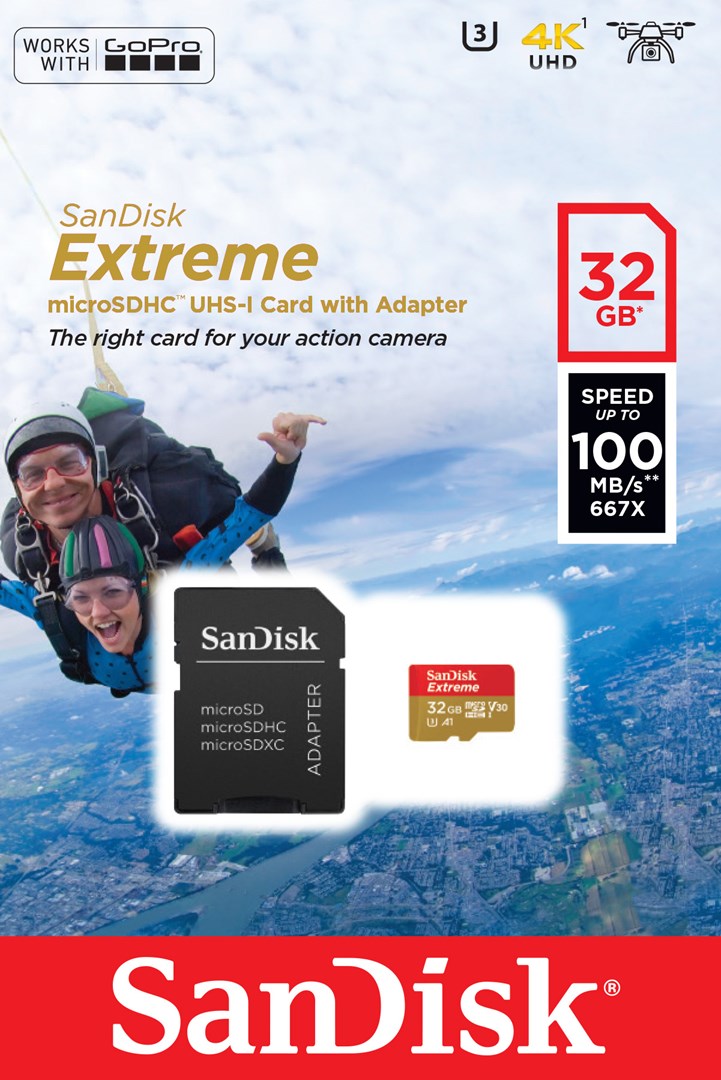 Kartë e memories SanDisk Extreme, MicroSDHC, 32 GB, Class 10 + përshtatës SD
