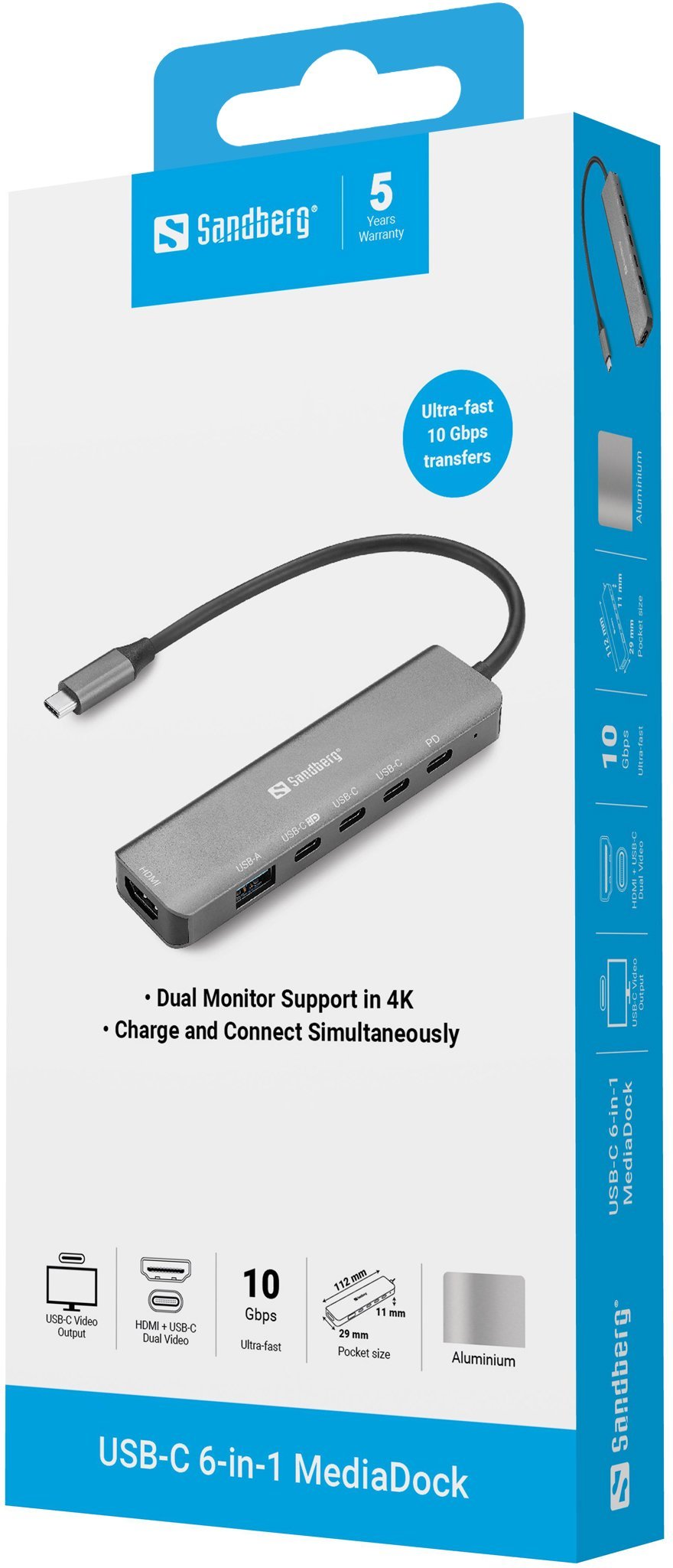 Adapter USB C Sandberg MediaDock 6 in 1, 4K HDMI, Power Delivery 100W, gri