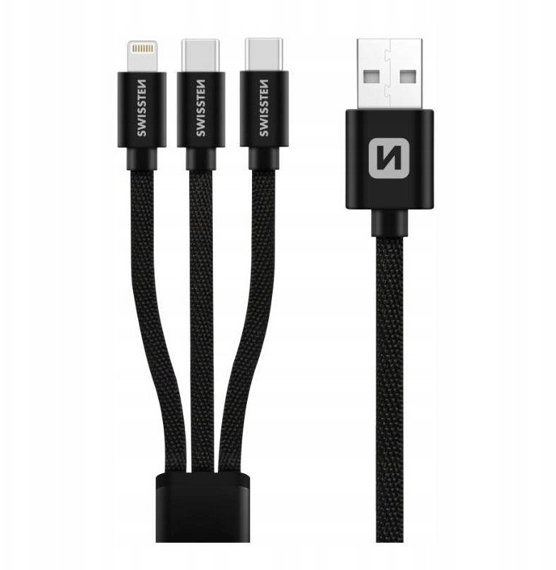 Kabllo karikimi Swissten Textile 3in1, 1.2m, USB A në USB C dhe Lightning, e zezë