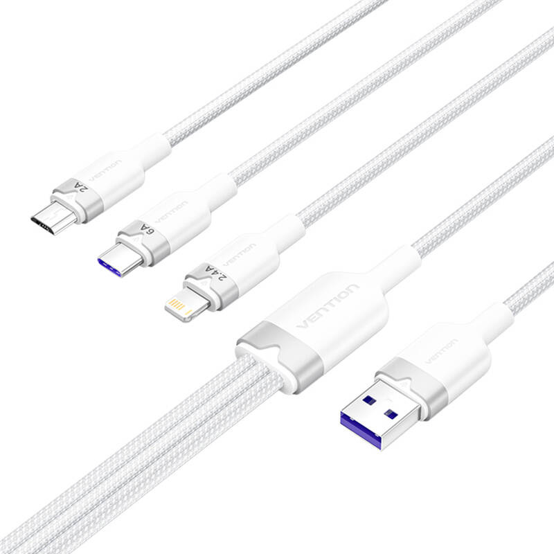 Kabllo karikimi Vention 3 në 1, USB 2.0 në USB C Lightning Micro USB, 6A 1.5m, e bardhë