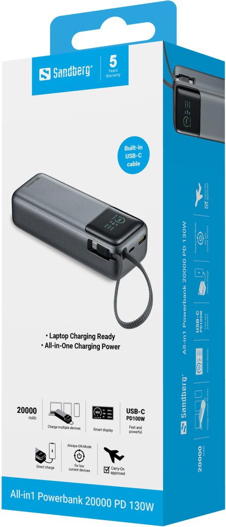 Powerbanku Sandberg All-in1 20000 PD, 130W, USB-C, gri