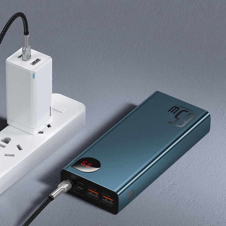 Powerbank me ekran dixhital Baseus Adaman Metal QC + PD, 20000mAh, 65W, i kaltër + kabllo USB-A/USB-C, 30cm, e zezë