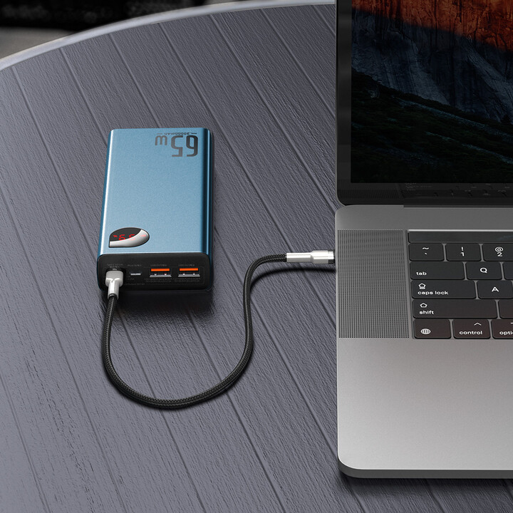 Powerbank me ekran dixhital Baseus Adaman Metal QC + PD, 20000mAh, 65W, i kaltër + kabllo USB-A/USB-C, 30cm, e zezë