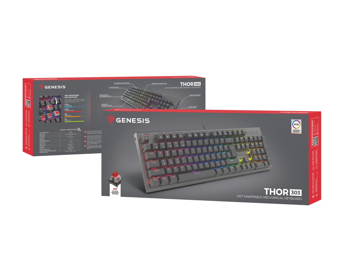 Tastierë lojërash Genesis THOR 303, Outemu Red, RGB LED, US, e zezë