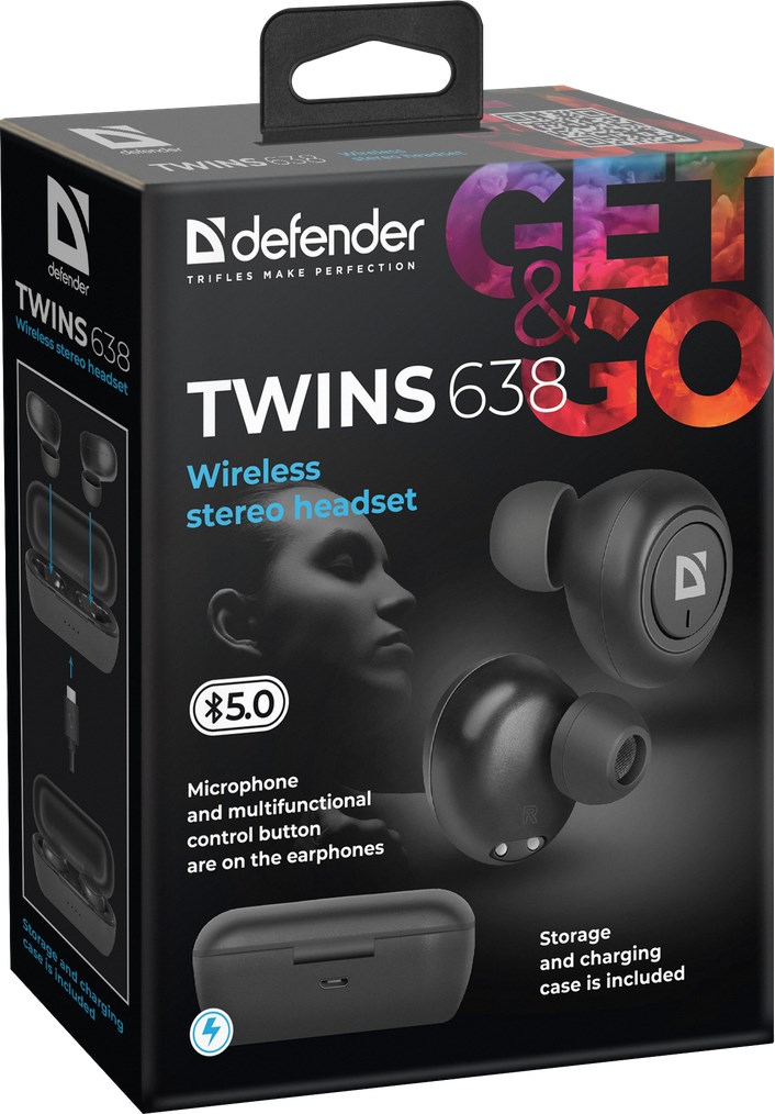 Dëgjuese Defender Twins 638, Wireless, të zeza
