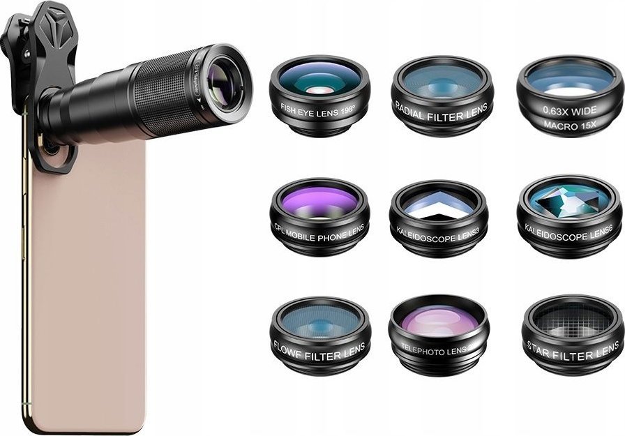Set lentesh për smartphone Apexel 12 in 1 APL 22XDG9, 22x telefoto, fisheye, 15x makro
