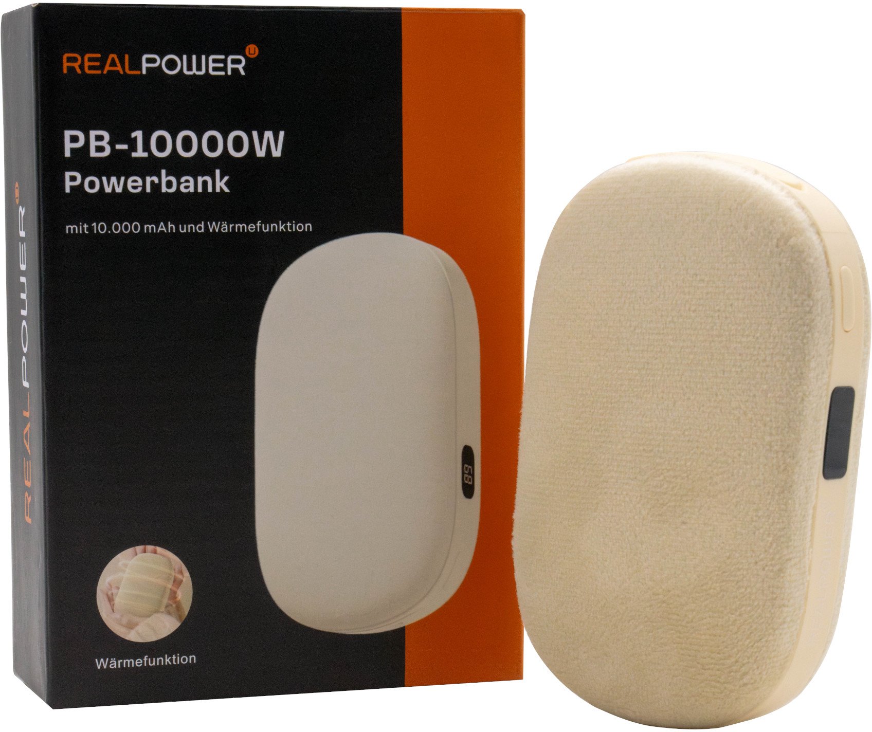 Karikues portativ RealPower PB-10000W, 10000mAh, funksion ngrohjeje, bezhë
