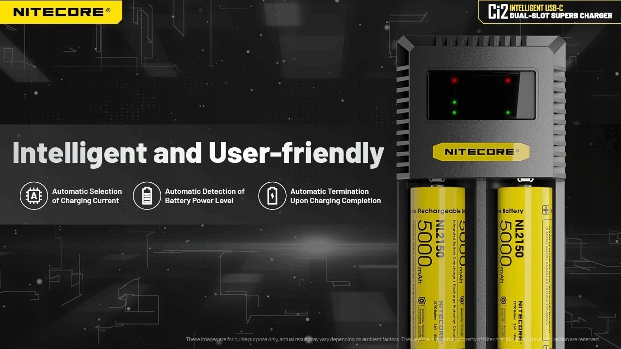 Karikues universal baterish Nitecore Ci2, 2 porta, USB C, i zi