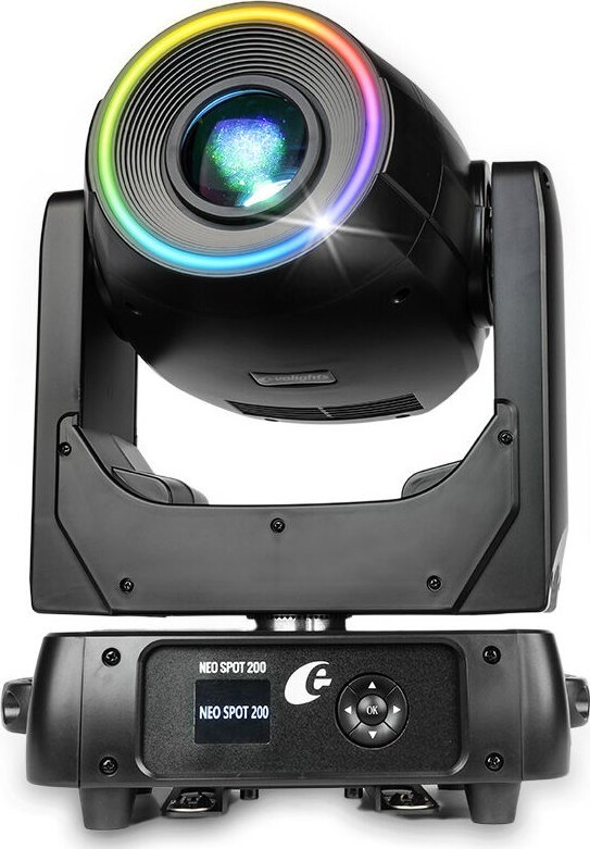 Reflektor skene Evolights Neo Spot, LED 200W, kokë lëvizëse, i zi