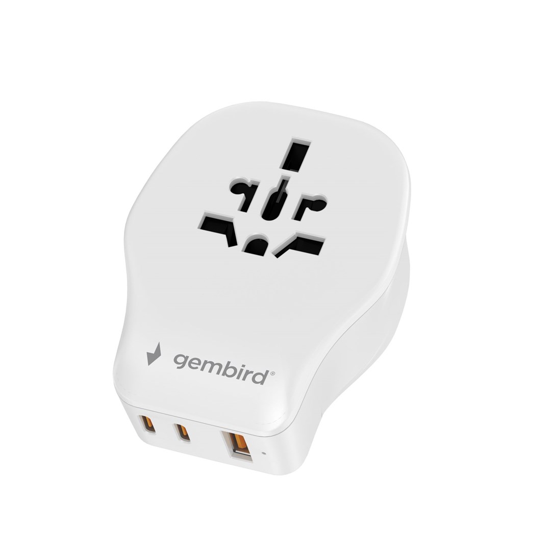 Përshtatës universal udhëtimi Gembird UPA‑CH3P65‑01, 20W, 2x USB C PD, 1x USB A QC 3.0, i bardhë
