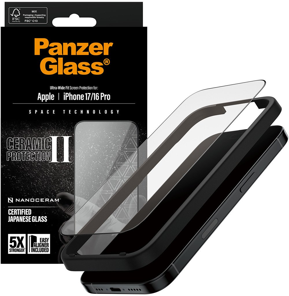Mbrojtëse ekrani PanzerGlass Ceramic II, për iPhone 17 dhe iPhone 16 Pro, Ultra Wide Fit, transparente
