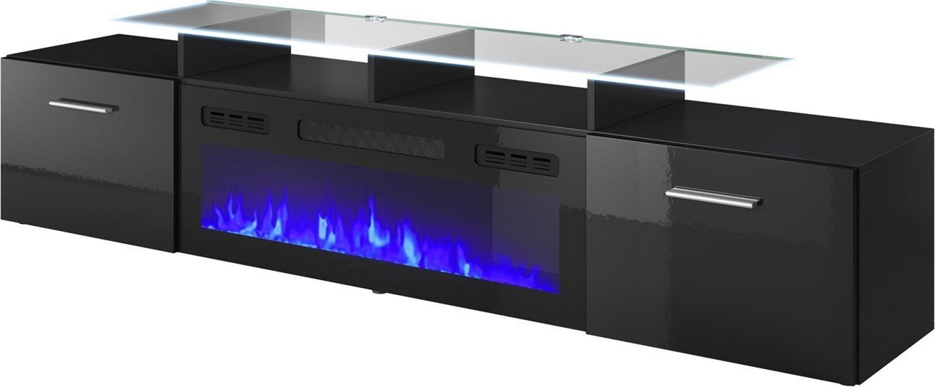 Komodinë TV Rova, oxhak elektrik, 190x37x48 cm, e zezë