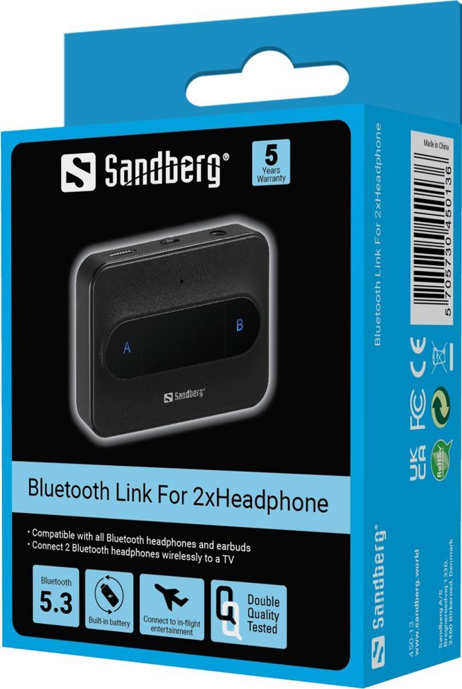 Adapter Bluetooth Sandberg BT Link, për 2 palë kufje, MiniJack, i zi