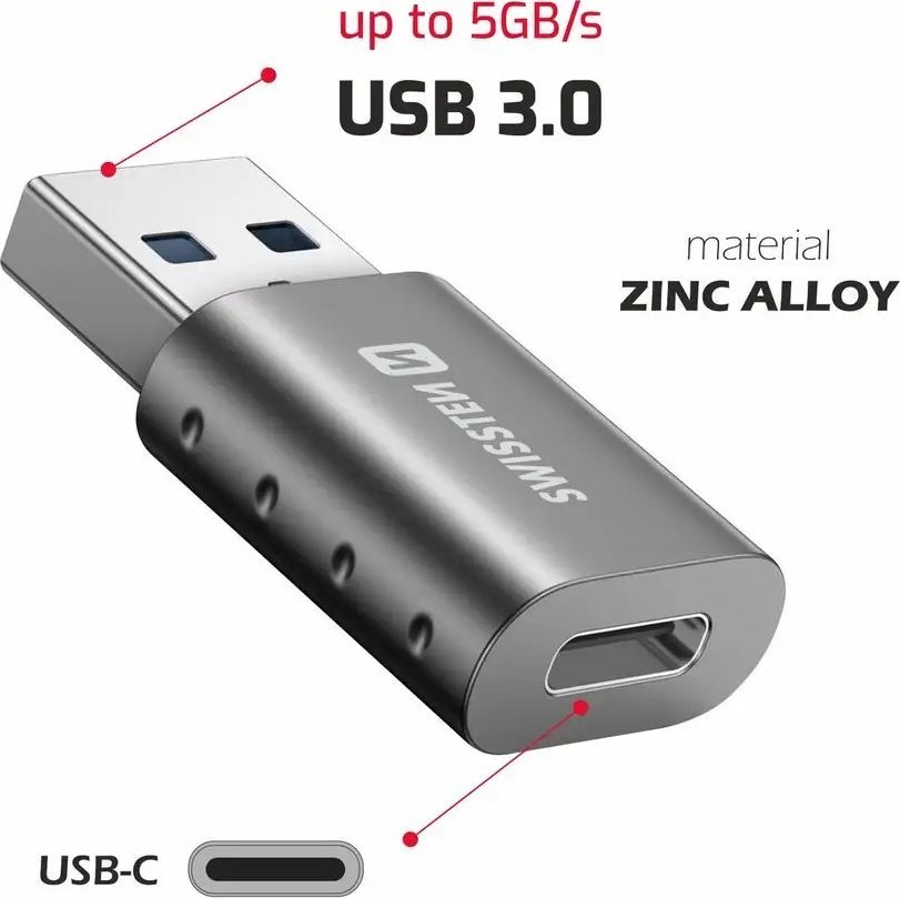 Адаптер USB Swissten, USB 3.0 во USB-C, пренос на податоци и полнење, црн