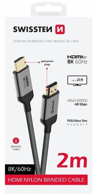 Kabllo HDMI Swissten HDMI në HDMI, 8K 60Hz, 2 m, e zezë