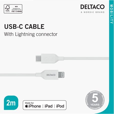 Kabllo USB Deltaco USB C në Lightning IPLH 452, 2m, e bardhë