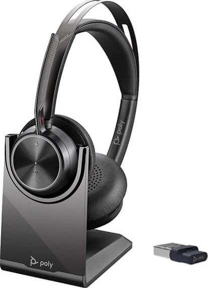 Kufje me mikrofon Poly Voyager Focus 2 UC, wireless Bluetooth, USB Type A, me bazë karikimi, të zeza
