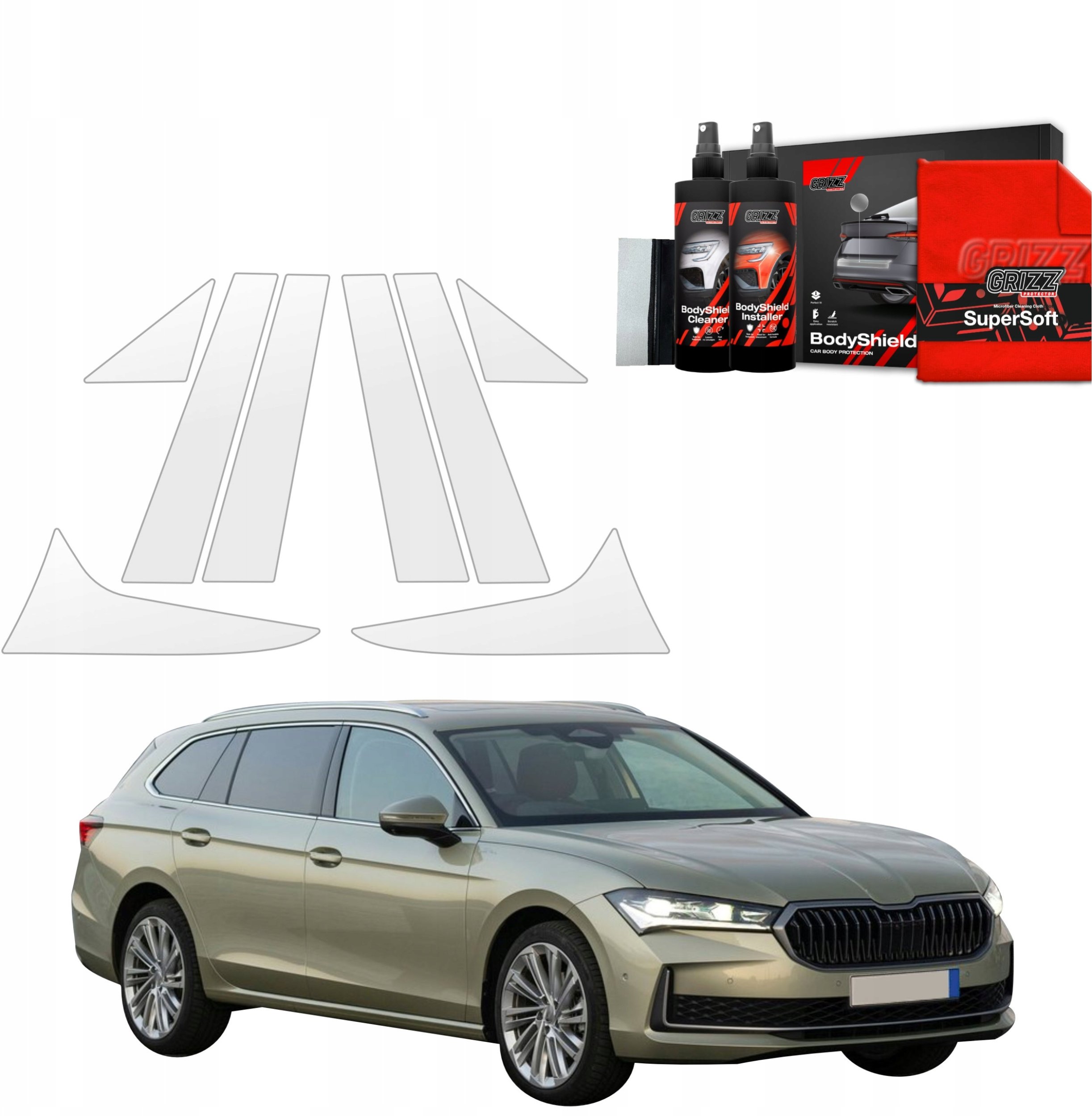 Folie mbrojtëse shtyllash GrizzGlass BodyShield, Skoda Superb 4 Combi 2024 2025, set 8 copë, transparente