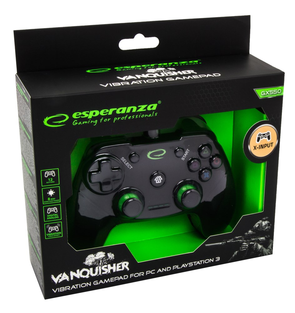 Gamepad Esperanza Vanquisher Pad EGG110K, me vibrim, për PS3 dhe PC, i zi