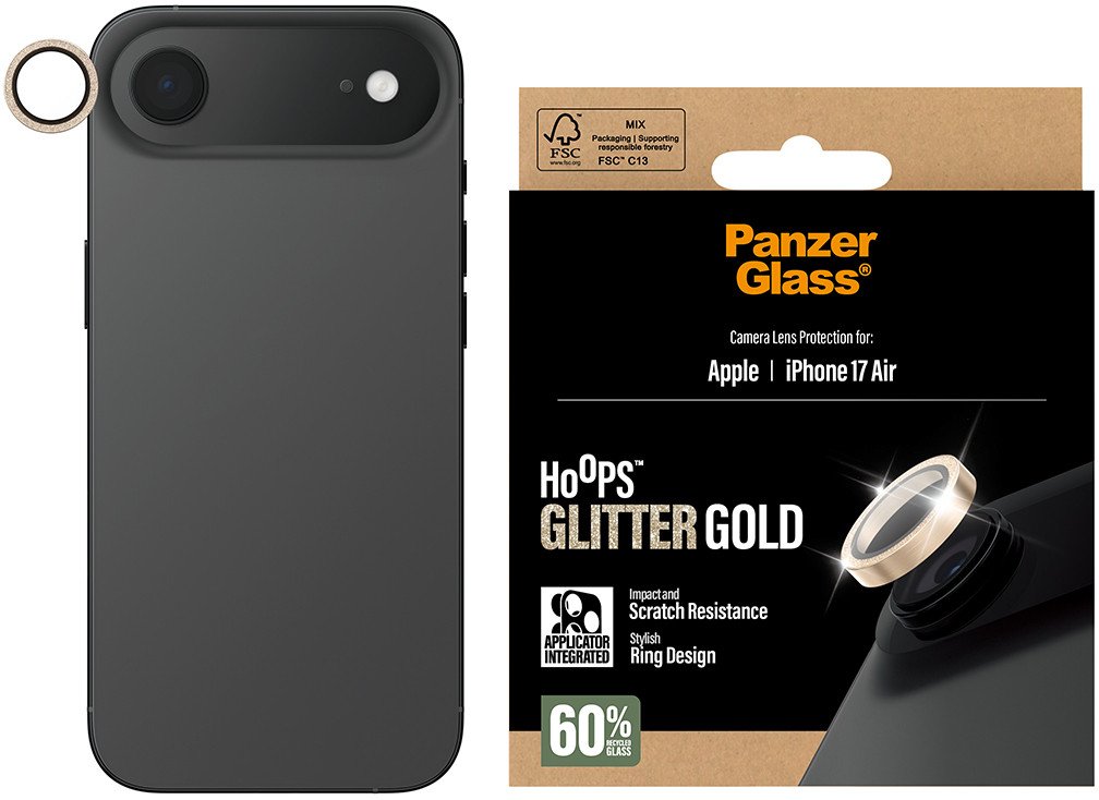 Mbrojtës kamere PanzerGlass Hoops për iPhone Air, set unazash xhami, me shkëlqim, ngjyrë ari