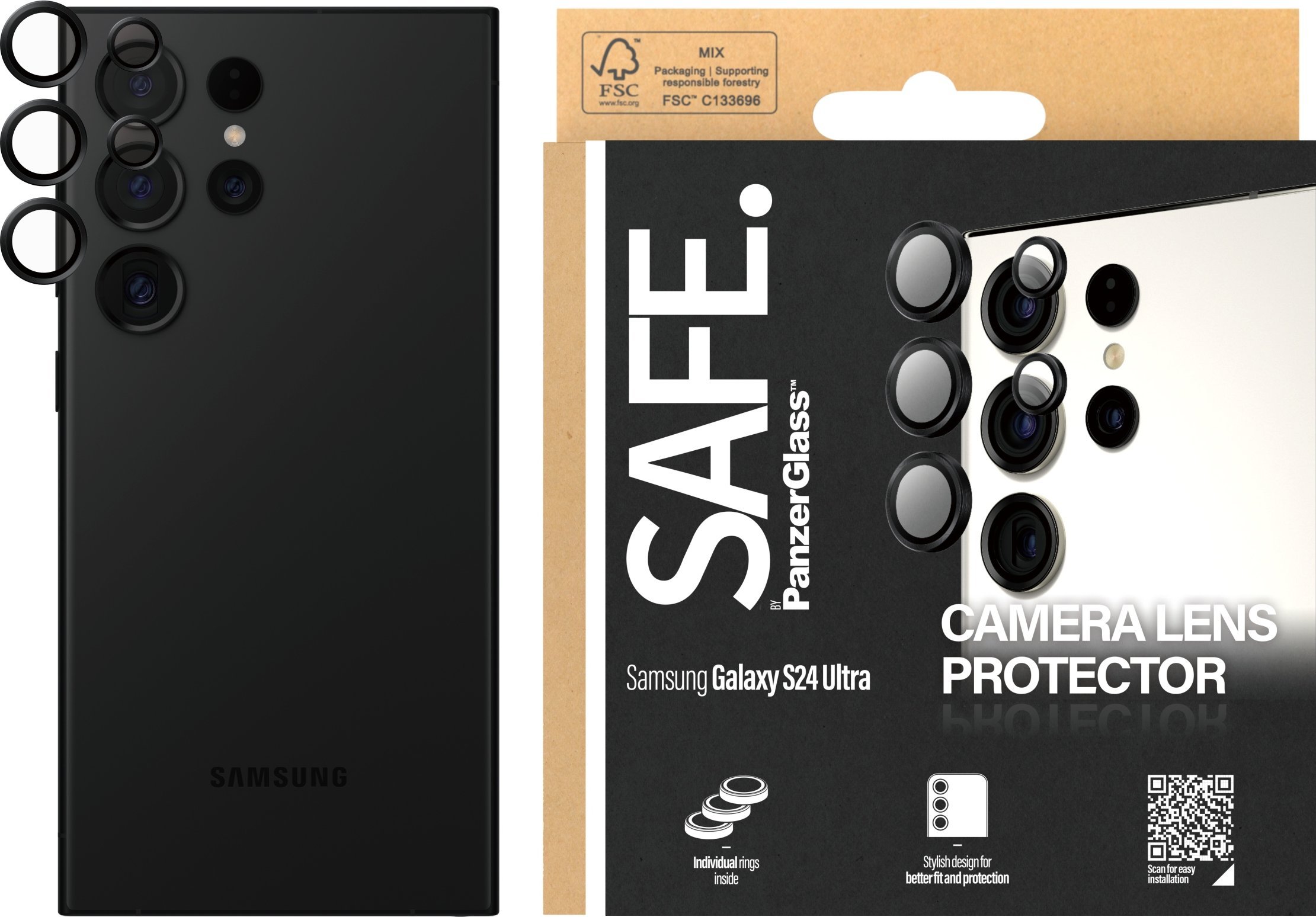 Mbrojtëse kamere SAFE by PanzerGlass për Samsung Galaxy S24 Ultra, xham i temperuar, unaza optike, e zezë