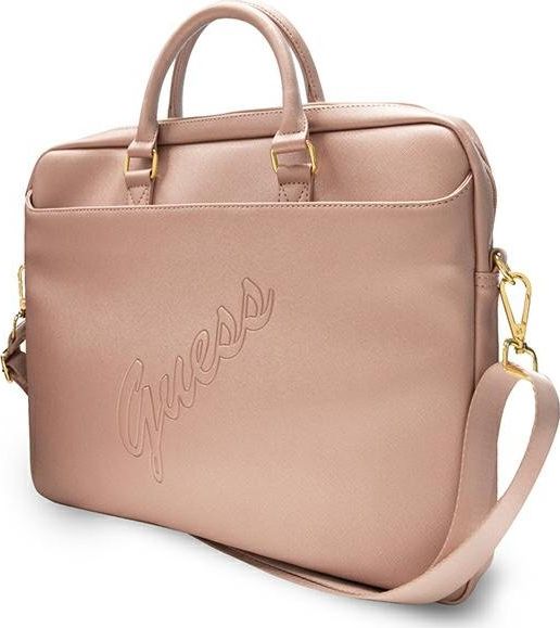 Çantë laptopi GUESS Saffiano Vintage Script GUCB15PUSASPI, 15–16", material Saffiano, rozë