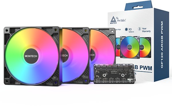 Кулер вентилатори Montech GF120 ARGB PWM, 120mm, сет 3 парчиња со фан хаб, црни