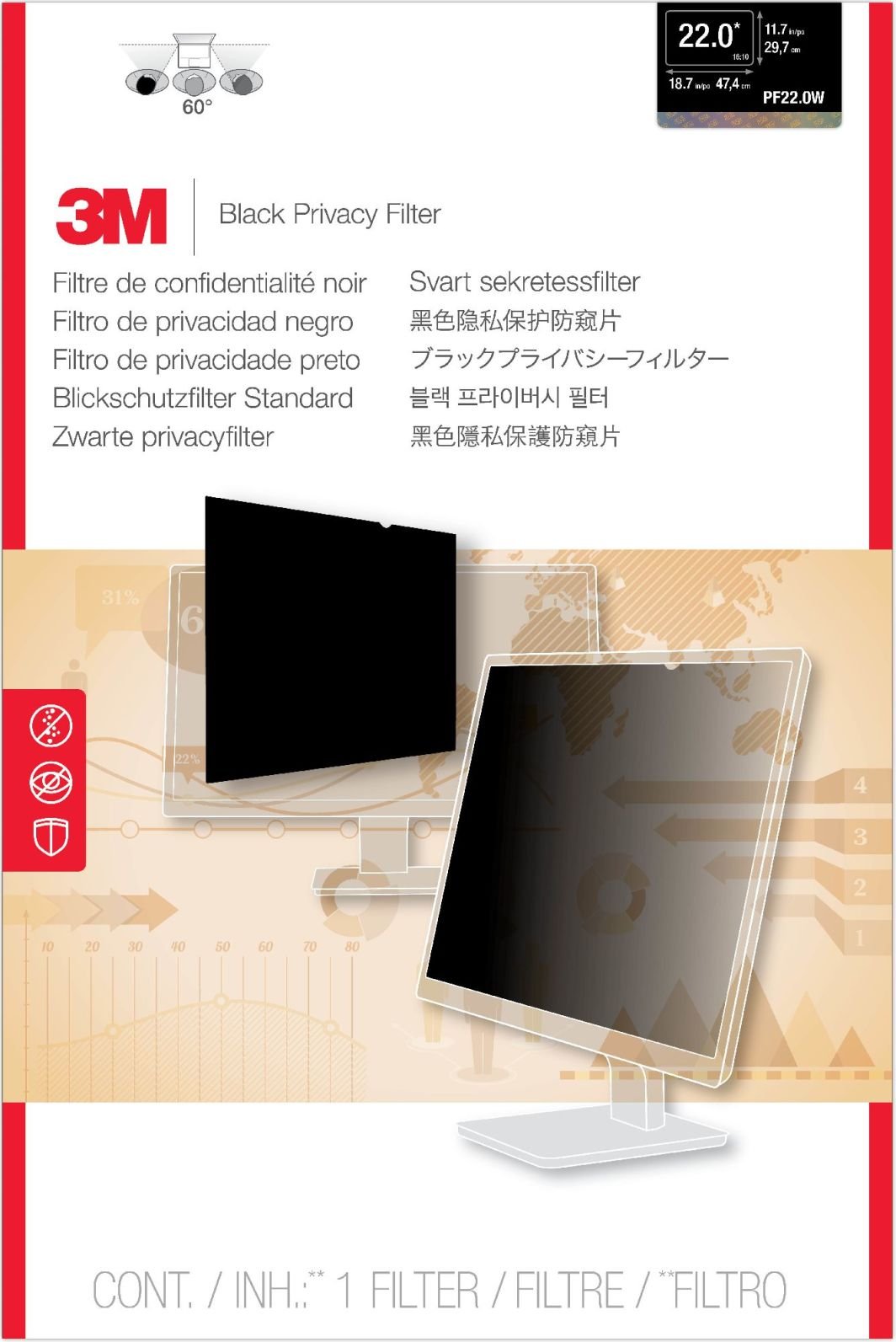 Filtër privatësie 3M PF22W, për monitor 22", 16:10, i zi